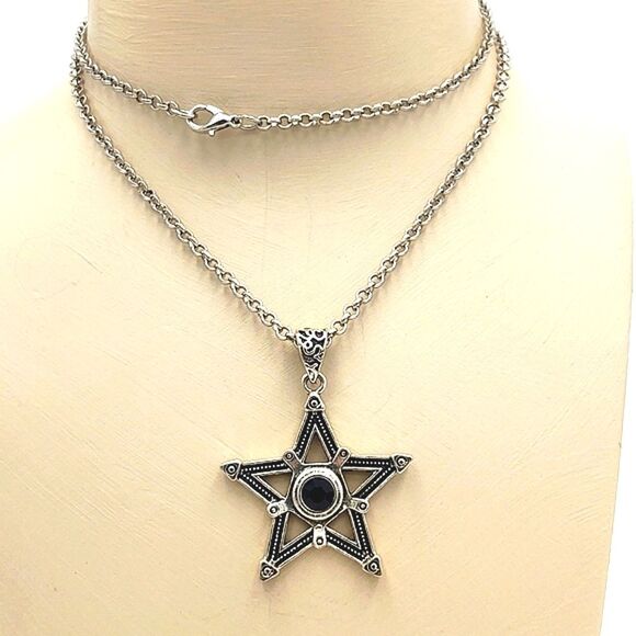 Stainless Steel Five Point Star Pendant with Black Crystal Necklace - Picture 5 of 6